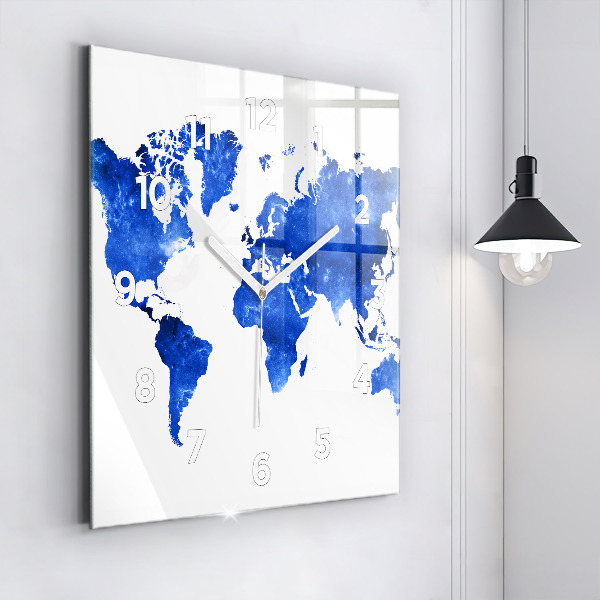 Square glass wall clock Space world map