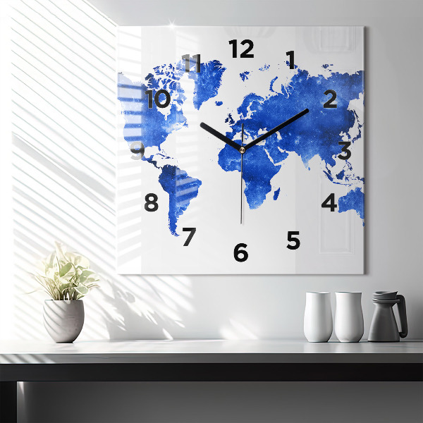 Square glass wall clock Space world map