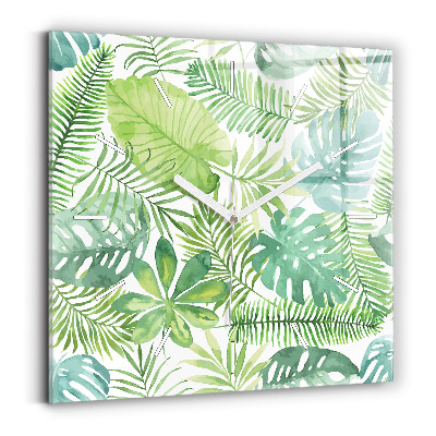 Square glass wall clock Green leaves