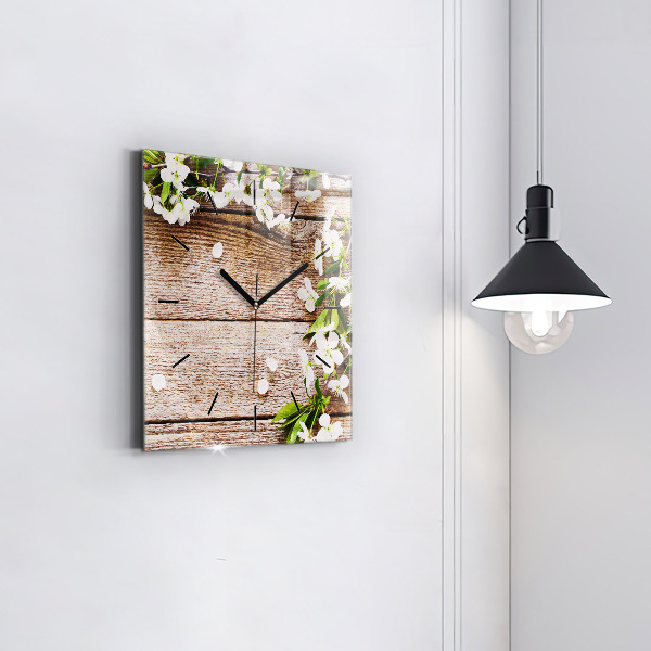 Square glass wall clock Flowers on wood