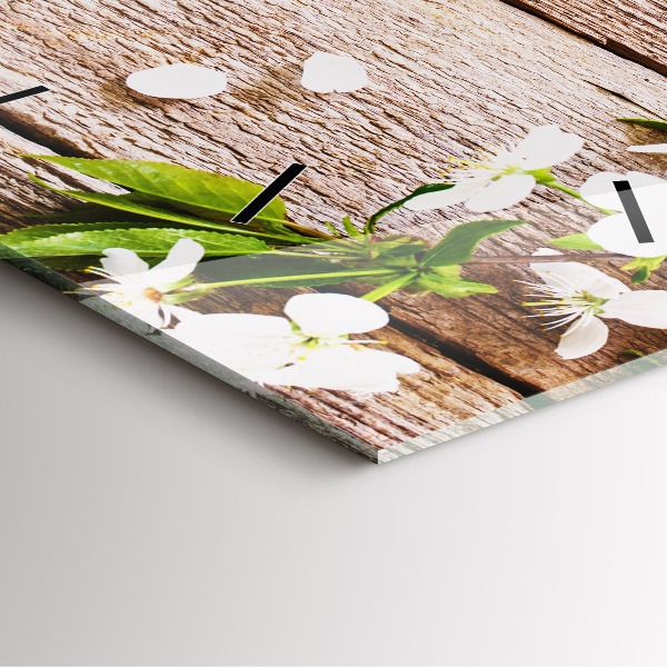 Square glass wall clock Flowers on wood