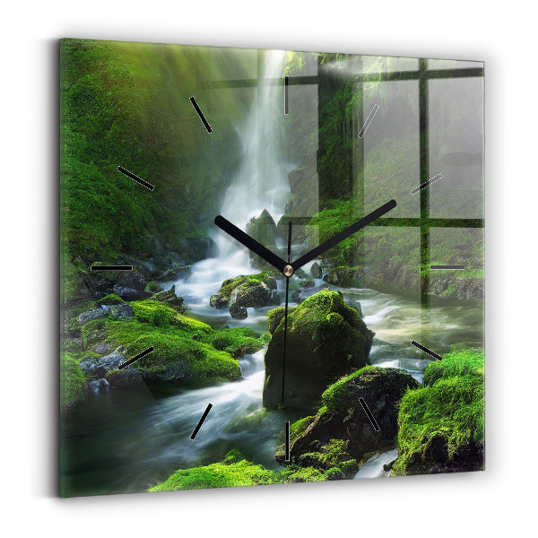 Square glass wall clock Waterfall and rocks