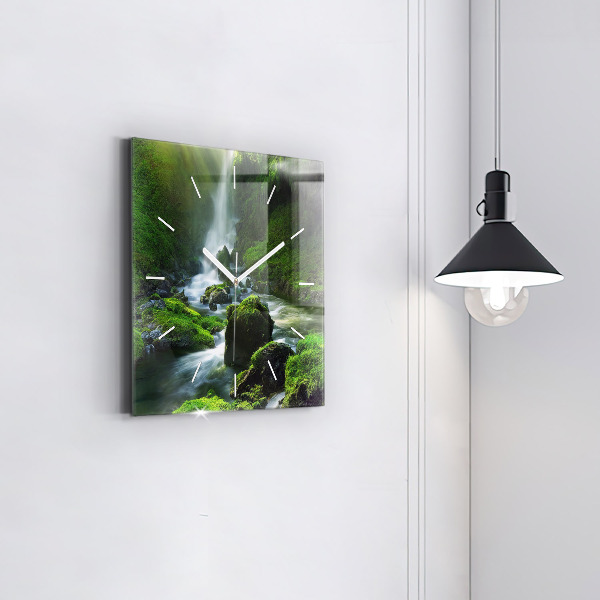 Square glass wall clock Waterfall and rocks