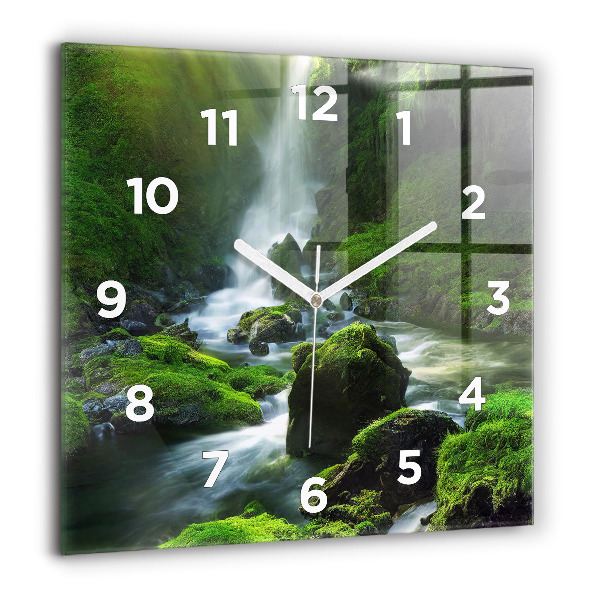 Square glass wall clock Waterfall and rocks