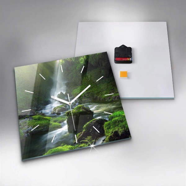 Square glass wall clock Waterfall and rocks