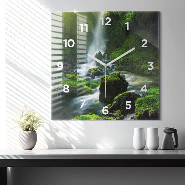 Square glass wall clock Waterfall and rocks