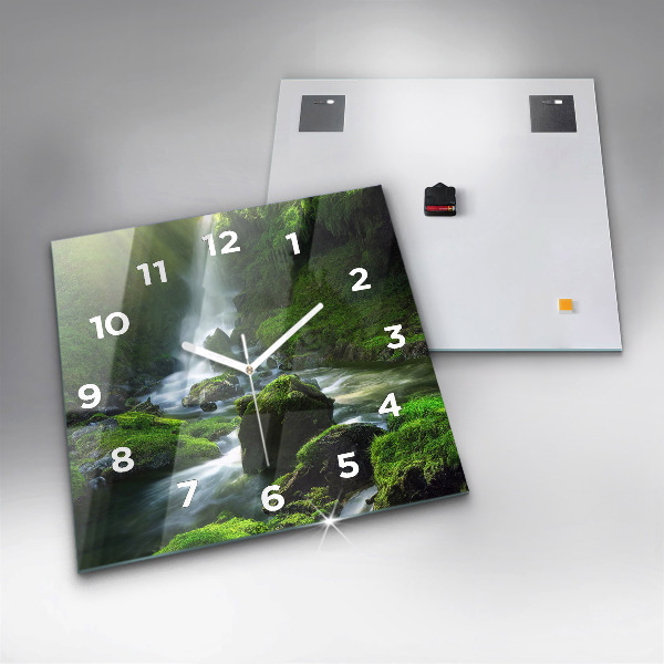 Square glass wall clock Waterfall and rocks