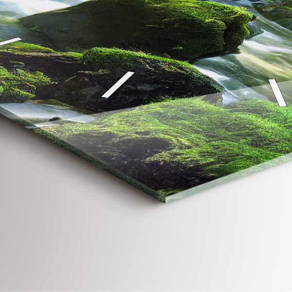 Square glass wall clock Waterfall and rocks