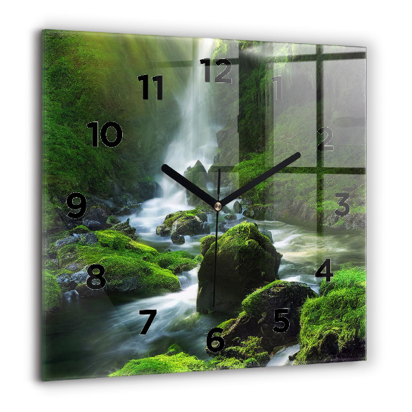 Square glass wall clock Waterfall and rocks