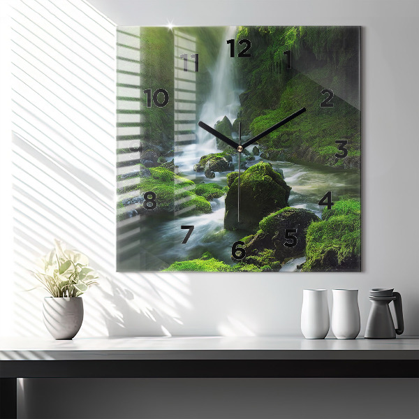 Square glass wall clock Waterfall and rocks