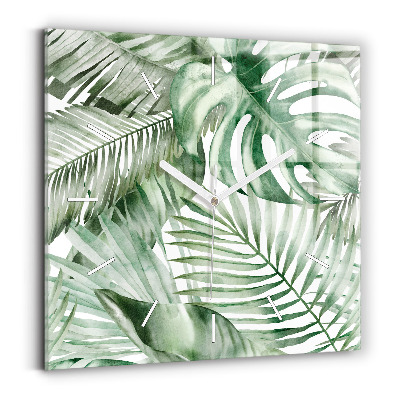 Square glass wall clock Painted plant leaves