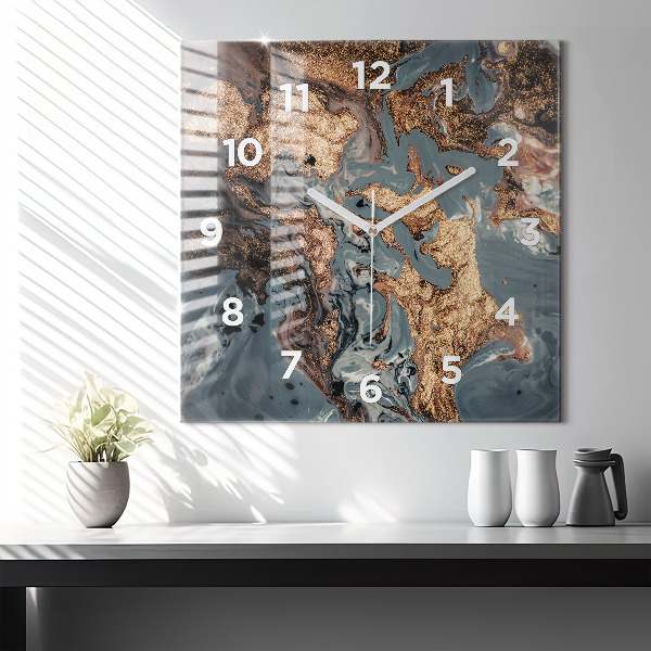 Square glass wall clock Marble gold abstract