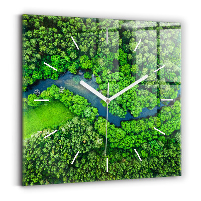 Square glass wall clock River in the forest