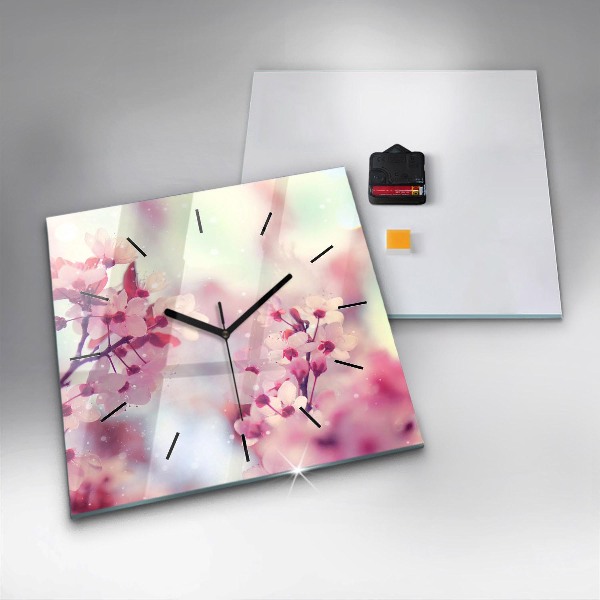 Square glass wall clock Spring flowers