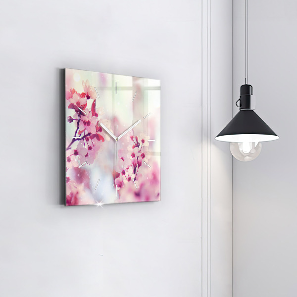 Square glass wall clock Spring flowers