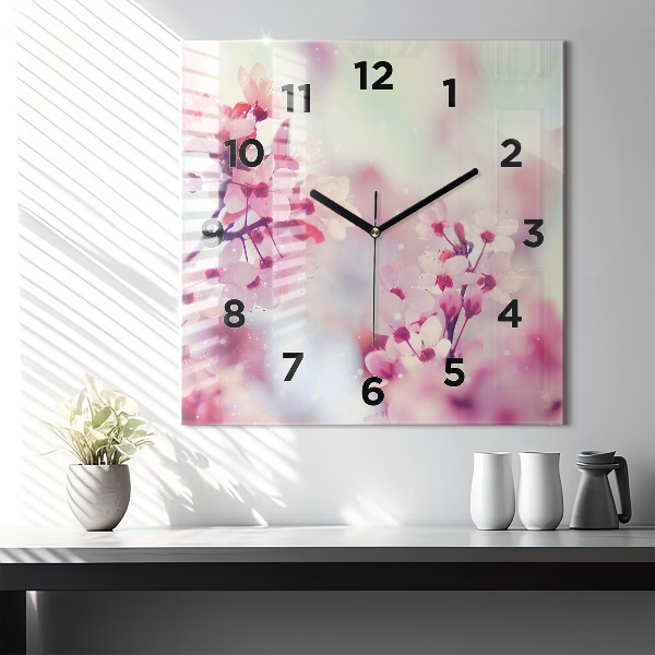 Square glass wall clock Spring flowers