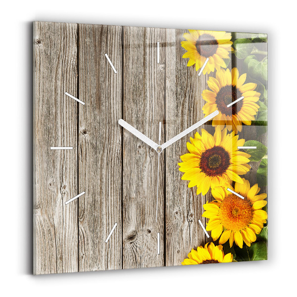 Square glass wall clock Sunflowers on boards
