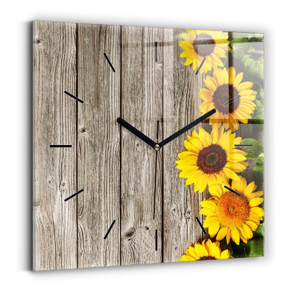 Square glass wall clock Sunflowers on boards