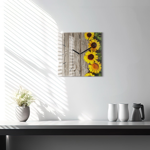 Square glass wall clock Sunflowers on boards