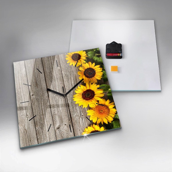 Square glass wall clock Sunflowers on boards