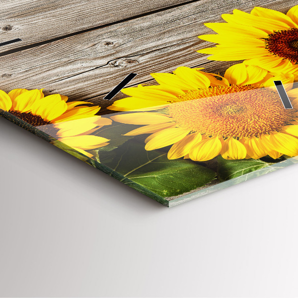 Square glass wall clock Sunflowers on boards