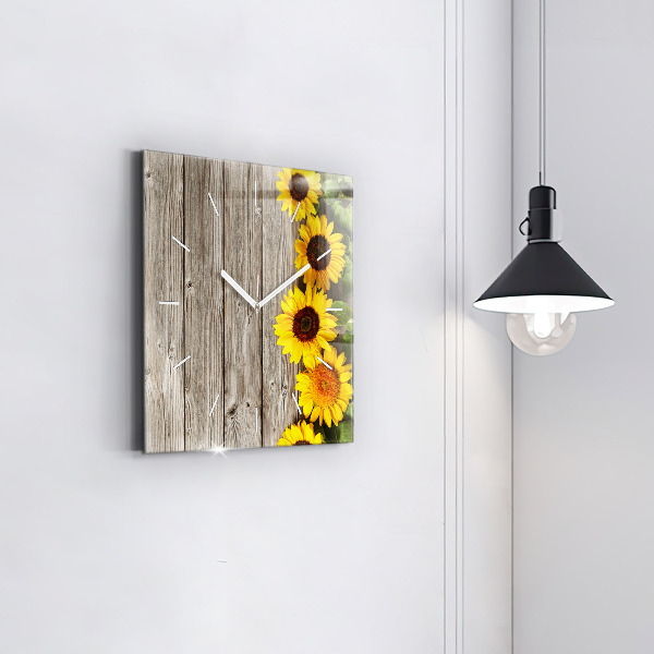 Square glass wall clock Sunflowers on boards