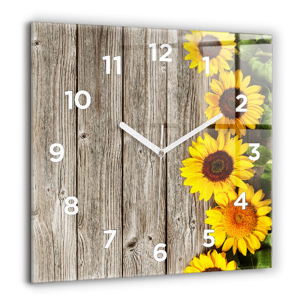 Square glass wall clock Sunflowers on boards