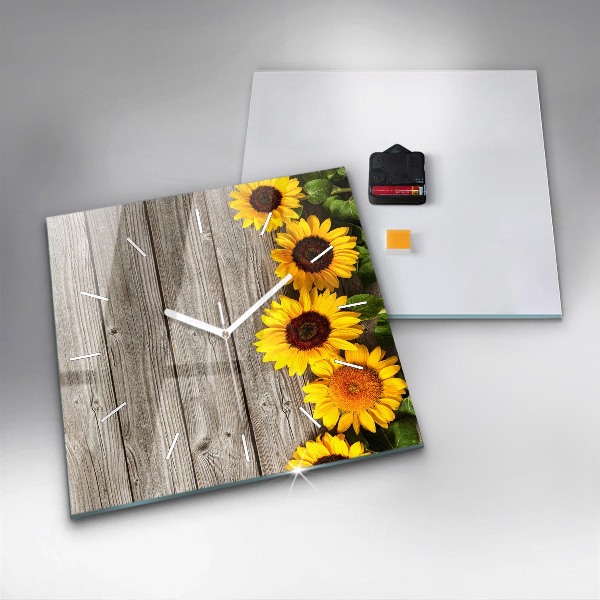 Square glass wall clock Sunflowers on boards