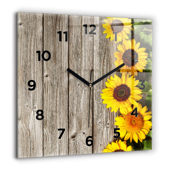 Square glass wall clock Sunflowers on boards