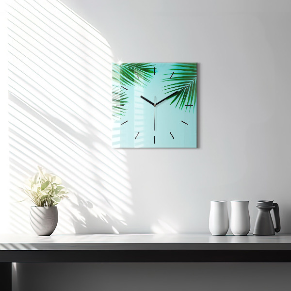 Square glass wall clock Green palm trees