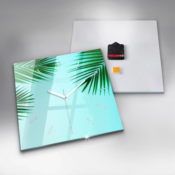 Square glass wall clock Green palm trees