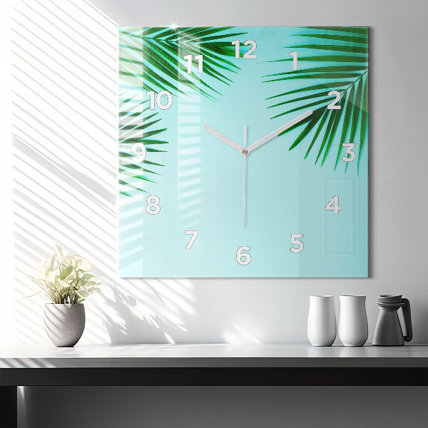 Square glass wall clock Green palm trees
