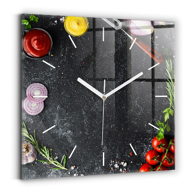 Square glass wall clock Vegetables on the table