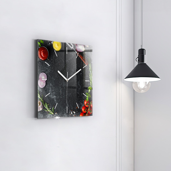 Square glass wall clock Vegetables on the table