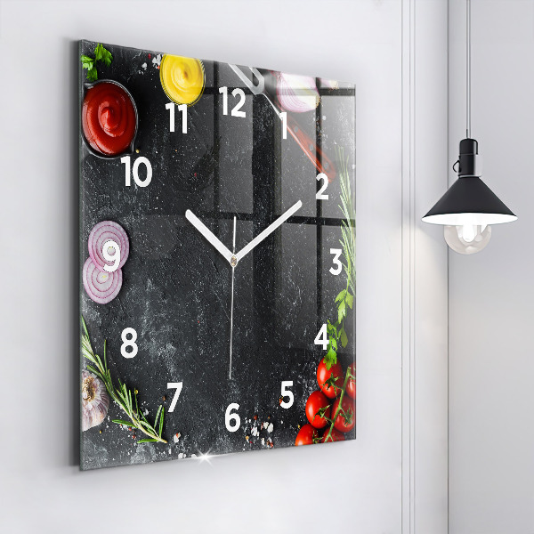 Square glass wall clock Vegetables on the table