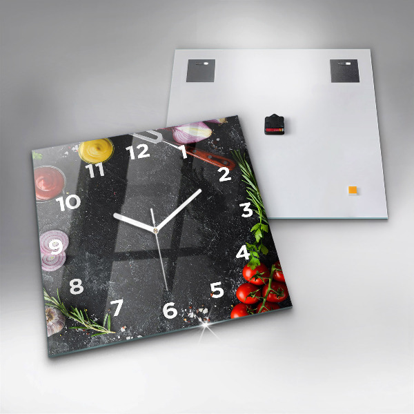 Square glass wall clock Vegetables on the table