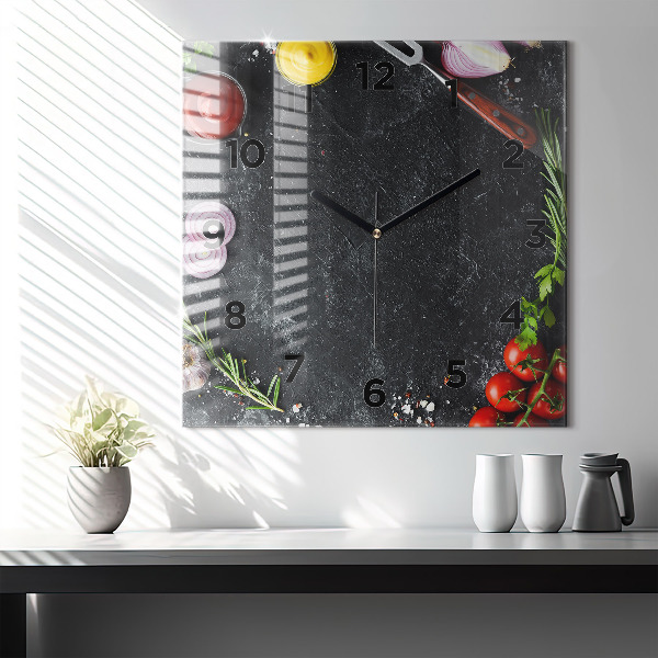 Square glass wall clock Vegetables on the table