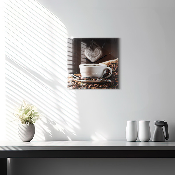 Square glass wall clock A cup of coffee