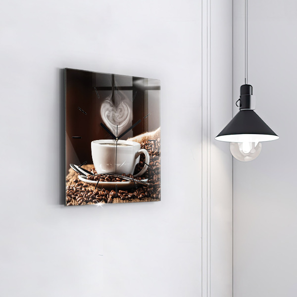 Square glass wall clock A cup of coffee