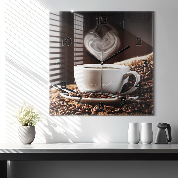 Square glass wall clock A cup of coffee