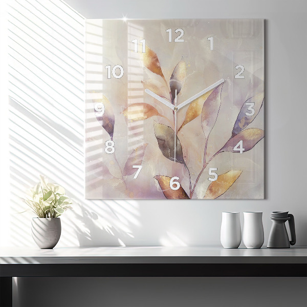 Square glass wall clock Abstract boho leaves