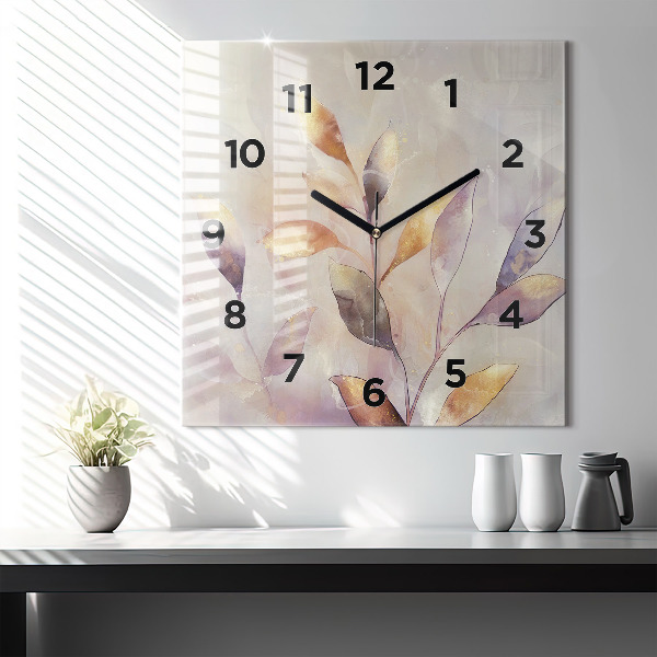 Square glass wall clock Abstract boho leaves