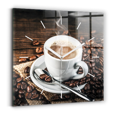 Square glass wall clock Cup and coffee beans