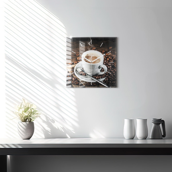 Square glass wall clock Cup and coffee beans