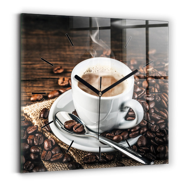 Square glass wall clock Cup and coffee beans