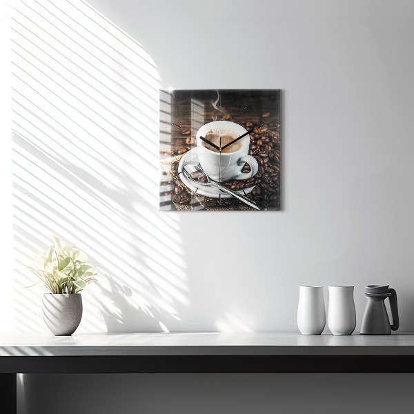 Square glass wall clock Cup and coffee beans