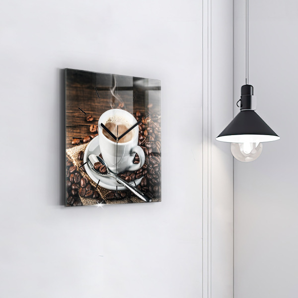 Square glass wall clock Cup and coffee beans
