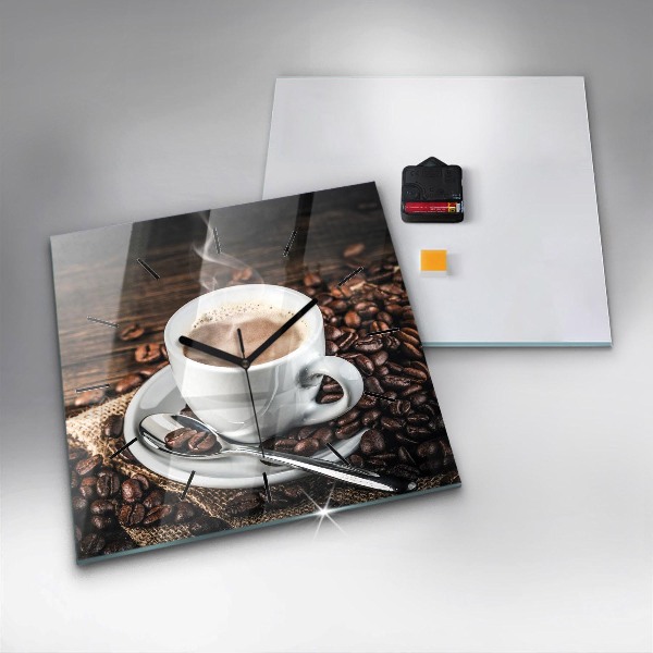 Square glass wall clock Cup and coffee beans