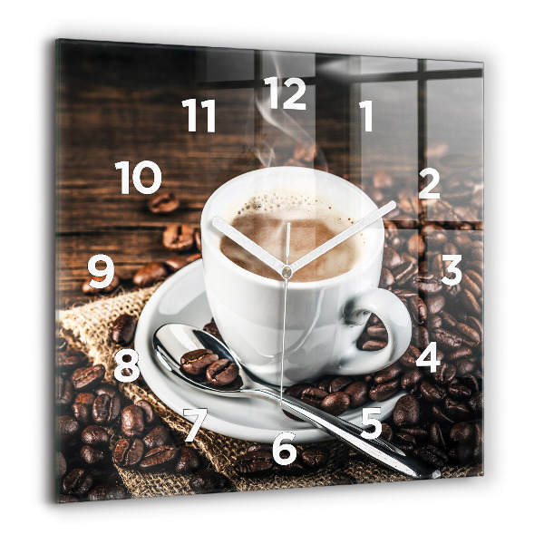 Square glass wall clock Cup and coffee beans
