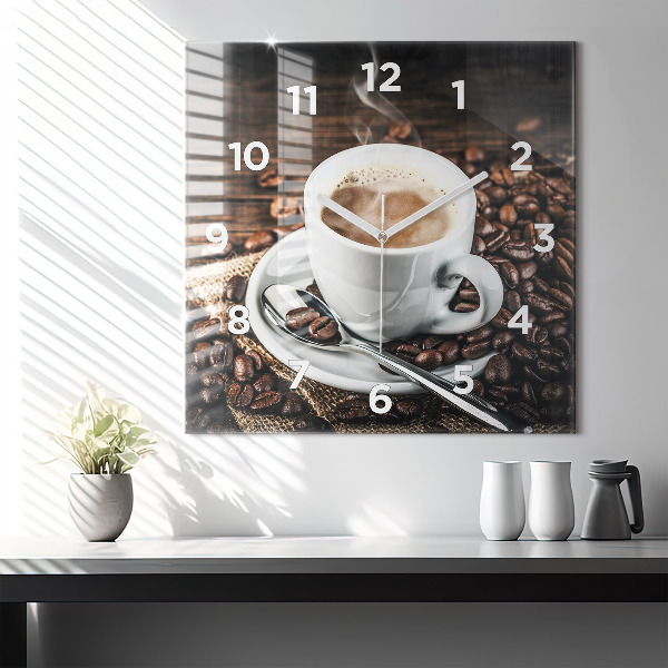 Square glass wall clock Cup and coffee beans